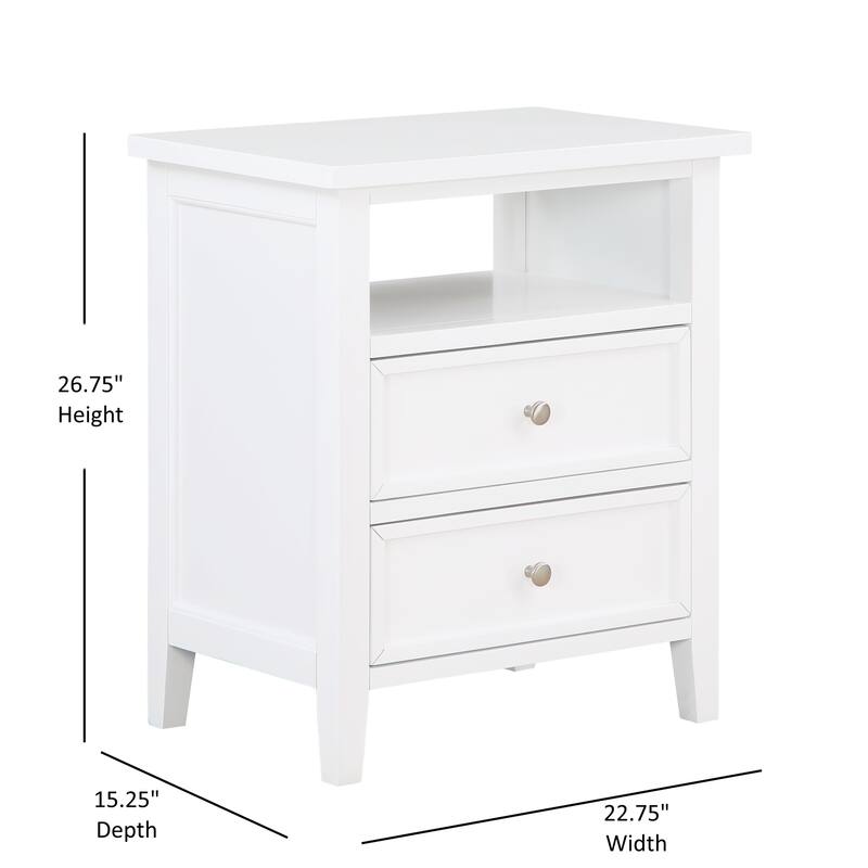 White 2-Drawer Nightstand with Nickel Knobs and Open Shelf