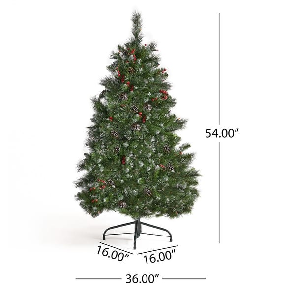 dimension image slide 1 of 3, 4.5-ft Spruce Pre-Lit or Unlit Artificial Christmas Tree with Glitter Branches Red Berries Pinecones by Christopher Knight Home