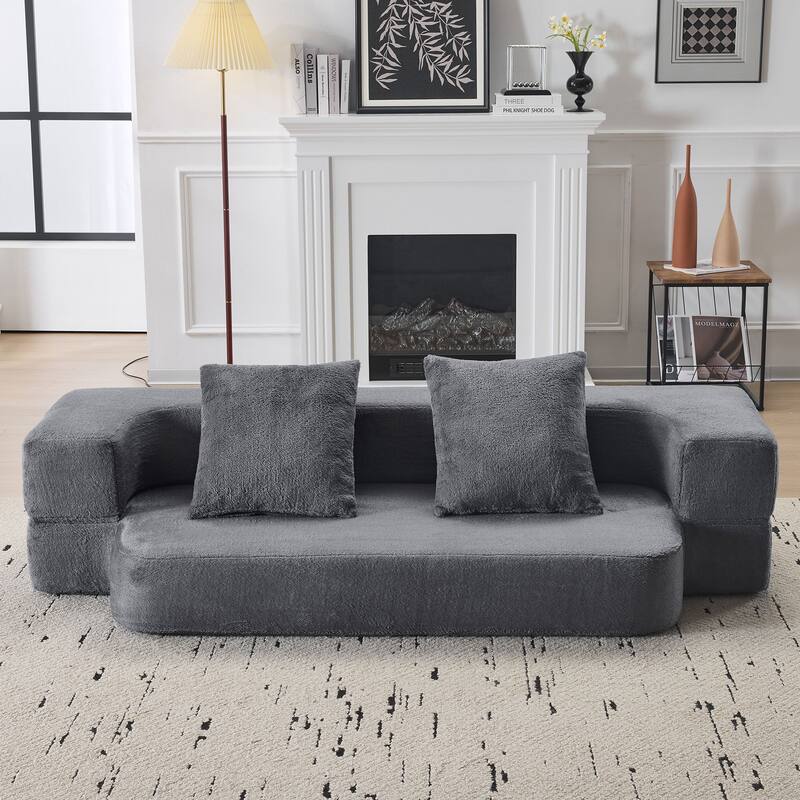 Transformable Sectional Sofa with 3 Ottomans - Fold-Out Bed, Light Grey Chenille Lounger in Faux Fur