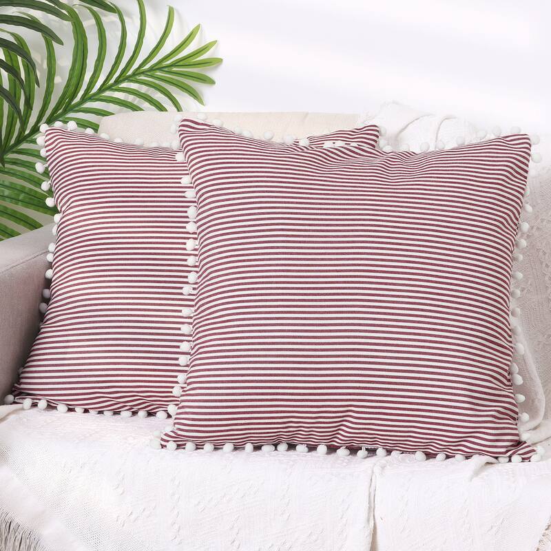 1 Pair Striped Pillow Cover with Pom Pom Fringe for Home Cushion Case - Red