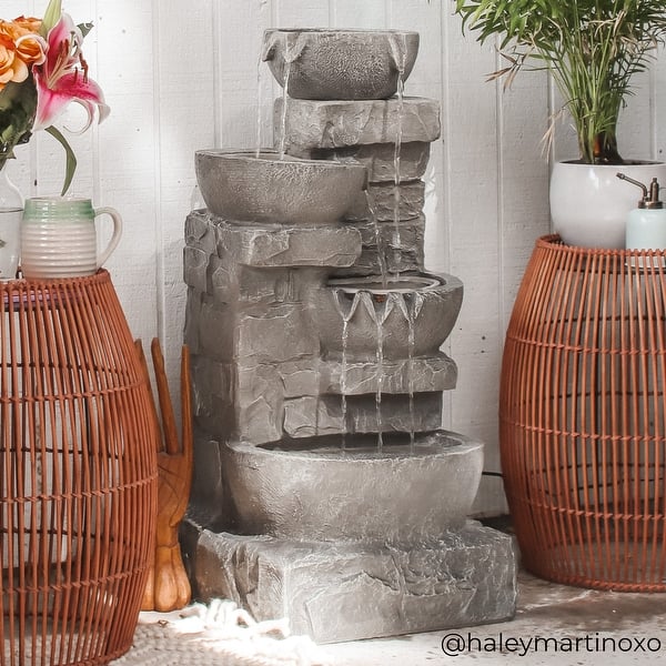 Peaktop - Outdoor Stacked Stone Tiered Bowls Fountain w/ LED Light Peaktop - Outdoor Stacked Stone Tiered Bowls Fountain w/ LED Light