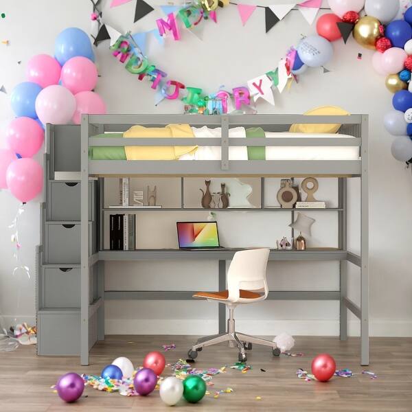 slide 2 of 12, Full Size Loft Bed with Built-in Desk, Bookshelves and Storage Staircase Grey