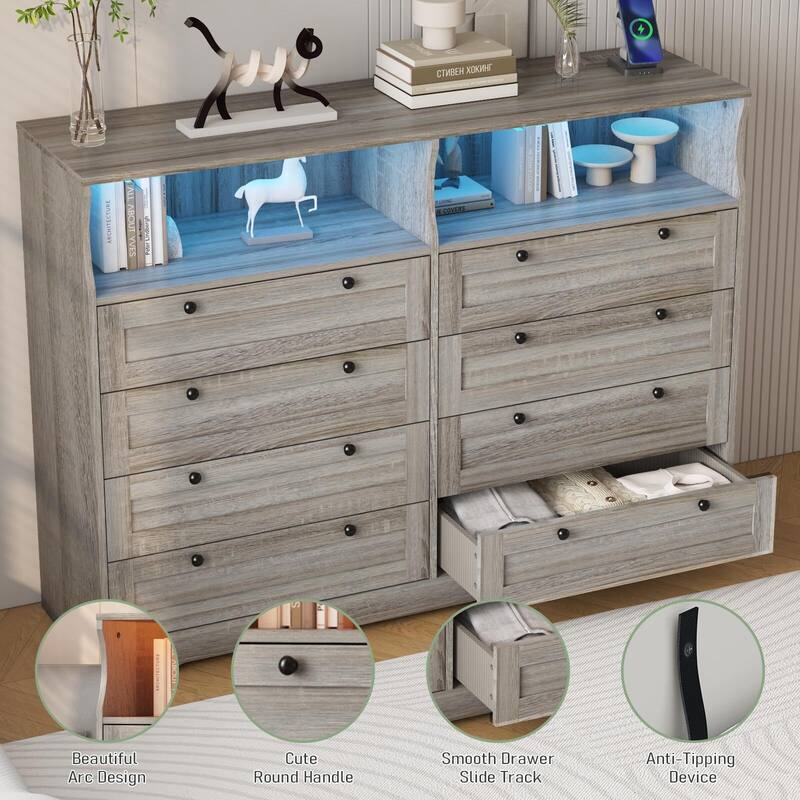 8 Drawers Wooden Dressers for Bedroom Living Room, Hallway, Wood Dressers with Led Lights and Charging Station