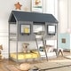 preview thumbnail 2 of 17, Playhouse Design Twin Over Twin Bunk Bed Wood Bed with Roof, Window, Guardrail, Ladder