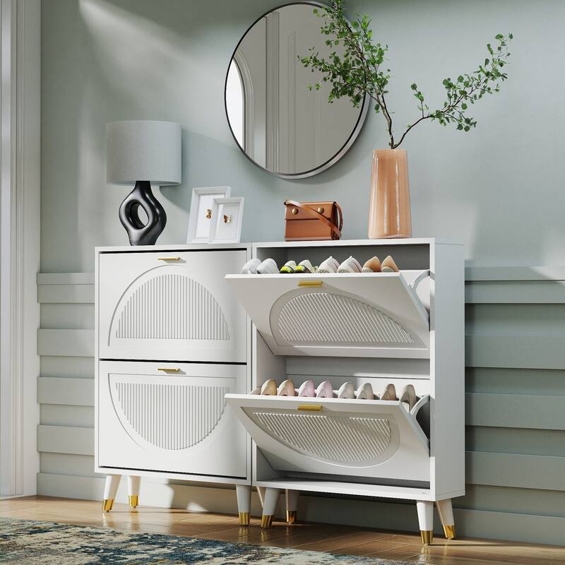 25''W Slim Shoe Cabinet, Fluted Hidden Shoe Storage Cabinet with 2 Flip Drawers, Wooden Shoe