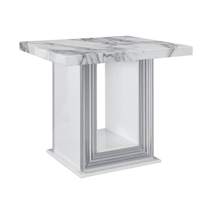 HomeRoots 24" White and Silver Faux Marble and Wood Pedestal End Table - 26' X '24.4' X '26