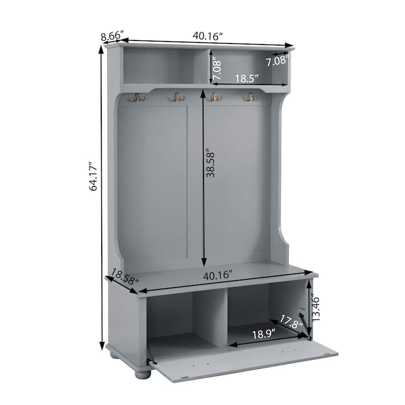 40" Hall Tree with Shoe Rack Bench and Coat Hooks, Entryway Bench with Open Shelves and Shoe Cabinets