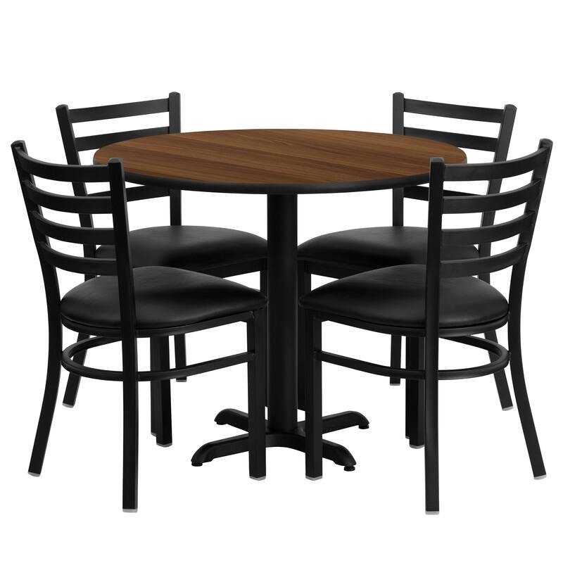 36'' Round Laminate Table Set with X-Base and 4 Ladder Back Metal Chairs - Walnut Top/Black Vinyl Seat