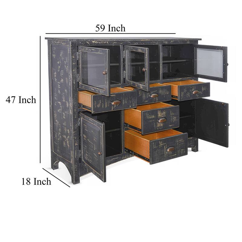 Rena Sideboard Buffet Console, 4 Doors, 5 Drawers, 59 Inch Black Wood