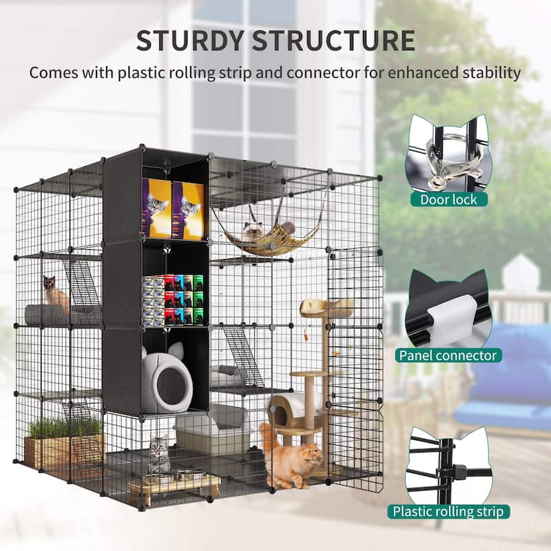 Large 4-layer Metal Cat Cage Indoor DIY Kennel with Storage Cube and Hammock