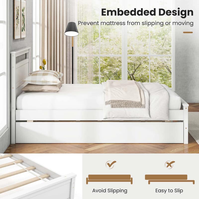 Costway Twin Size Platform Bed with Trundle Pull-out Trundle Headboard