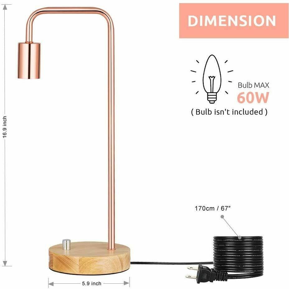 Industrial Nightstand Lamp with Wooden Base, Metal Rose Gold Bed Bath