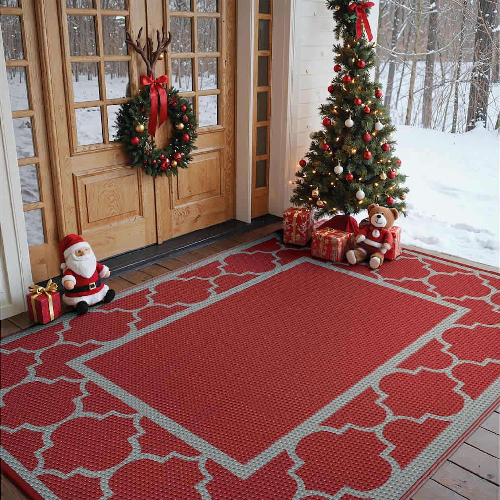 Reversible Dark Geometric Flat-Weave All-Season Outdoor Rug - 6'X9'