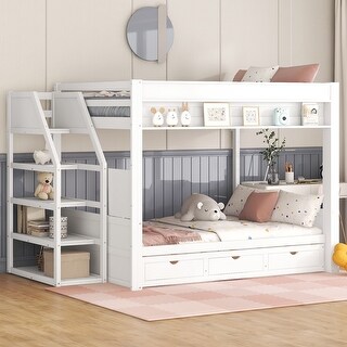 Full over Full Size Convertible Wooden Bunk Bed with Storage Staircase, Bedside Table, and 3 Drawers,Daybed