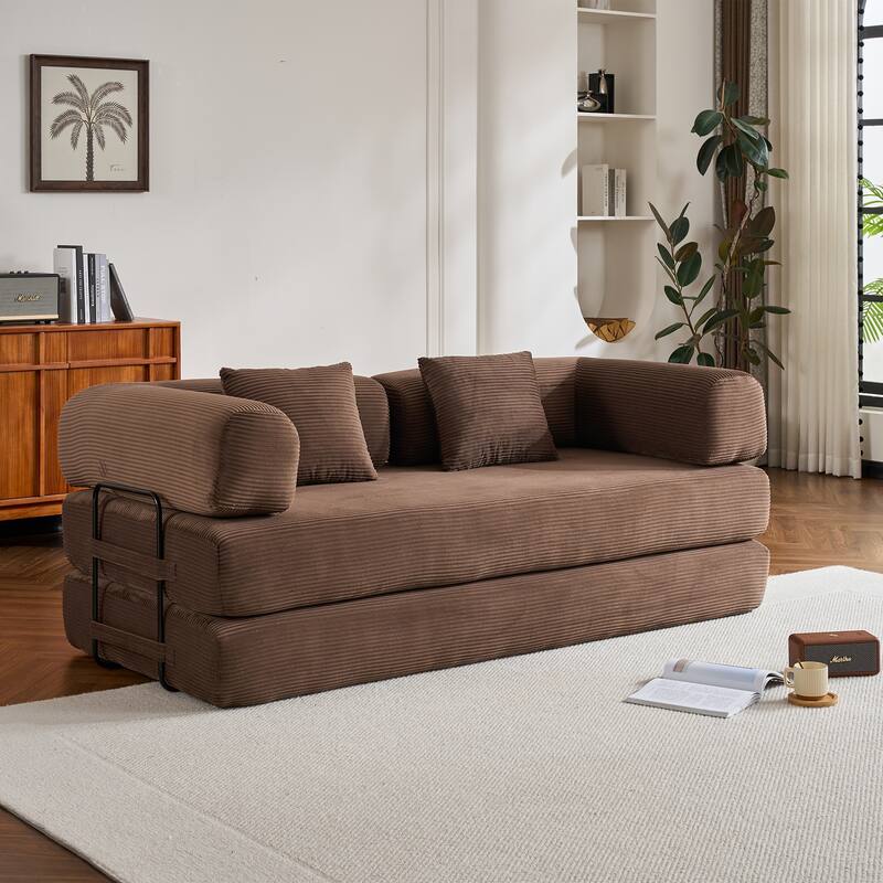 Convertible Sleeper Sofa Bed with Cylindrical Pillow, Corduroy Folding Mattress Couch with Fixed-Shape Frame - Brown
