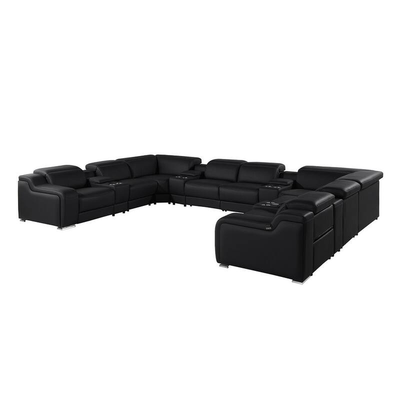 HomeRoots Black Italian Leather Power Reclining U Shaped Twelve Piece Corner Sectional With Console