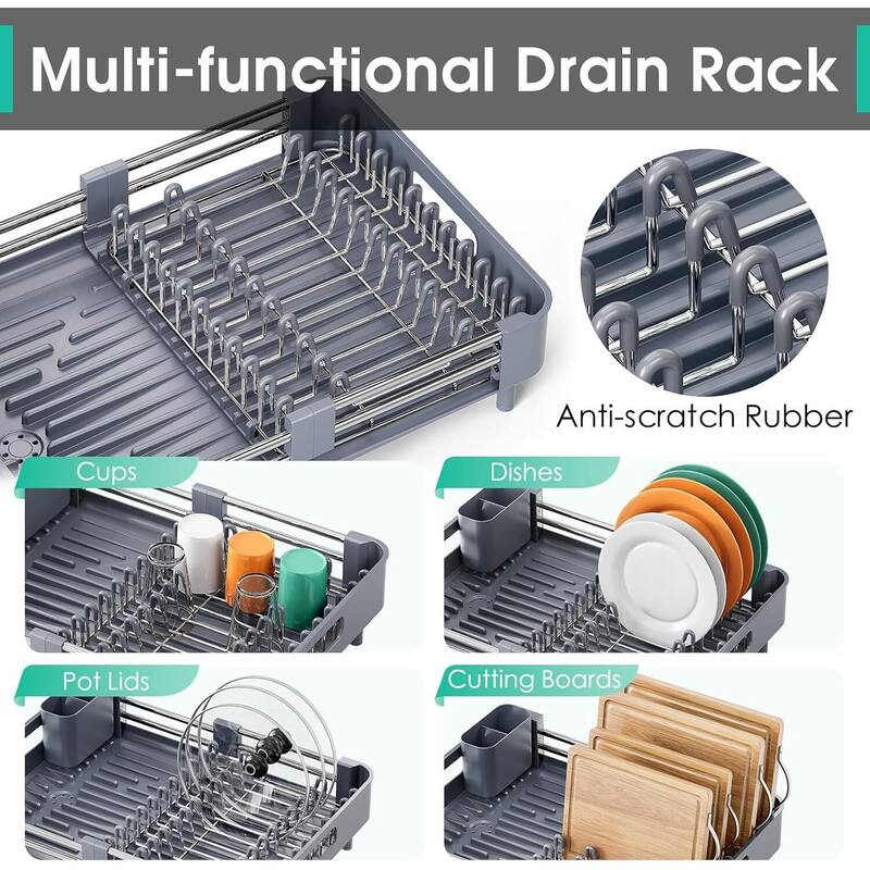 Dish Drying Rack for Kitchen Counter, Extendable Dish Rack with Drainboard