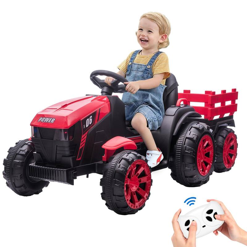 12V Kids Ride On Tractor with Trailer - Red