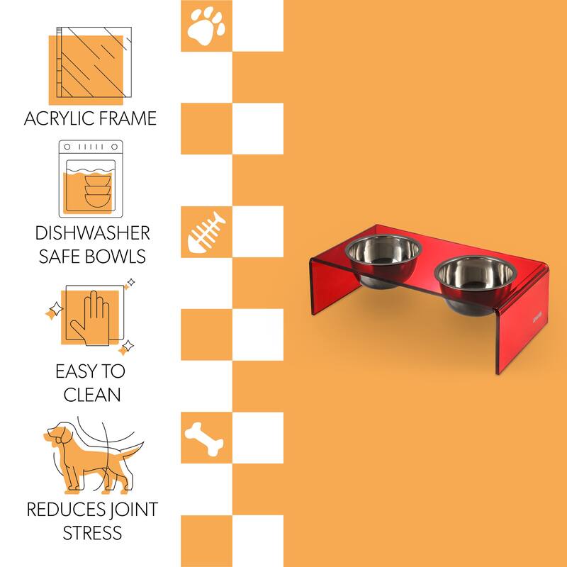Keaton 7.5" Medium/Large Modern Lucite Rectangular Elevated Pet Feeder with 54oz 2-Stainless Steel Bowls