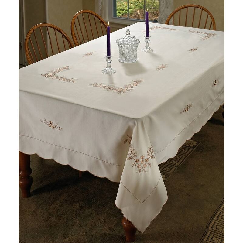 Violet Linen Blossom Embroidered Vintage Pattern Tablecloth - 70" Round