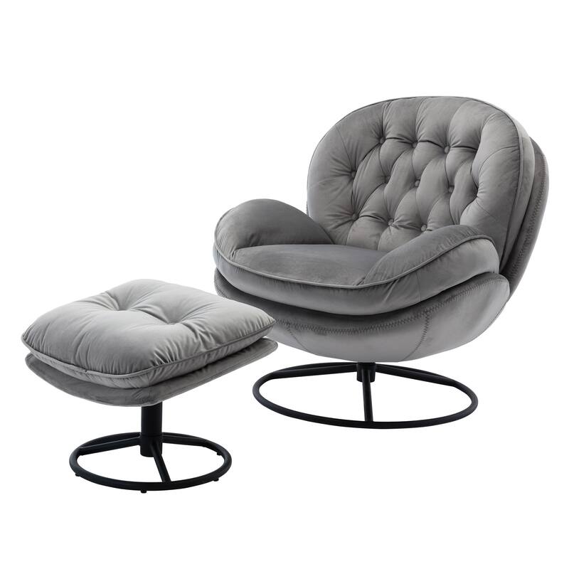 Velvet Swivel Accent Chair with Ottoman & Metal Legs (360° Rotation)