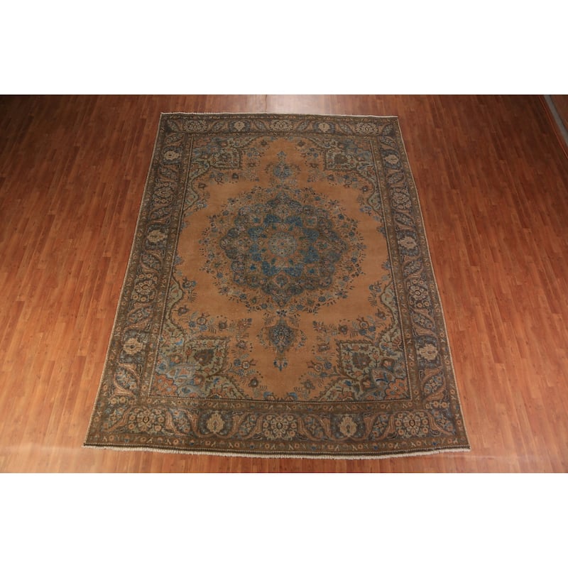 Orange Medallion Tabriz Persian Area Rug Hand-Knotted Wool Carpet - 9'7"x 12'10"
