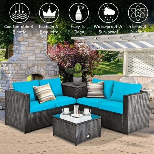 4 Pieces Outdoor Patio Rattan Furniture Set with Cushioned Loveseat and Storage Box - 47.5" x 26" x 26" (L x W x H)