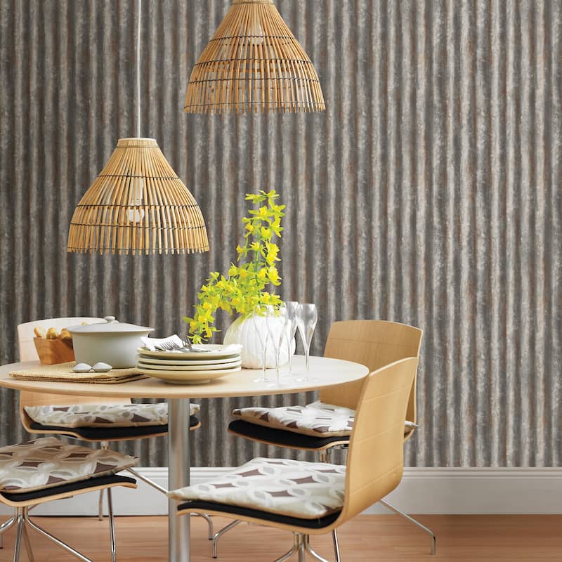 Solvang, Corrugated Metal Industrial Texture, 33 FT. L x 20.5In. W Wallpaper Roll - Charcoal