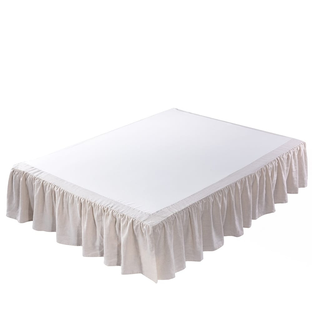 Linen Bed Skirt, 3 Side Linen Border, 16" Ruffled Drop, Twin, Queen, King, CK Size, White, Natural Color