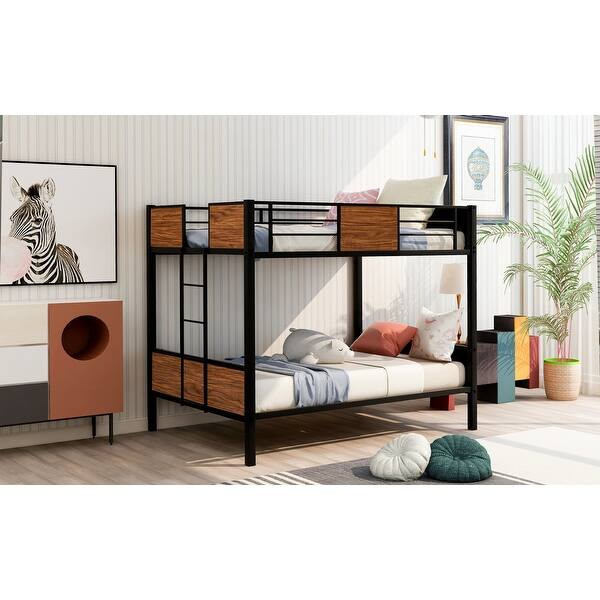 slide 2 of 16, Full Over Full Bunk Bed with Steel Rail & Ladder - Rustic & Stylish Brown - Full