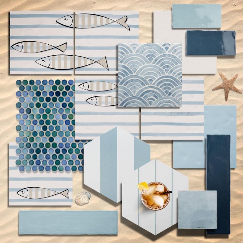 Merola Tile Berta Olas Decor 7-7/8" x 7-7/8" Ceramic Wall Tile - Case (4 Tiles)
