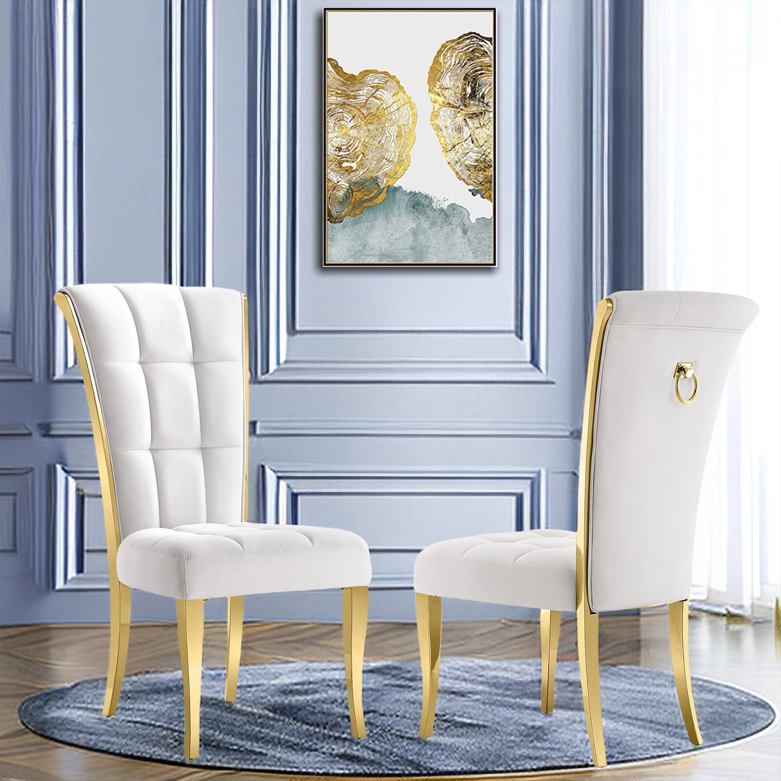 Luxury White Velvet Dining Chairs with Pull Ring on Back and Polished Gold Legs On Sale Bed Bath Beyond 40212010