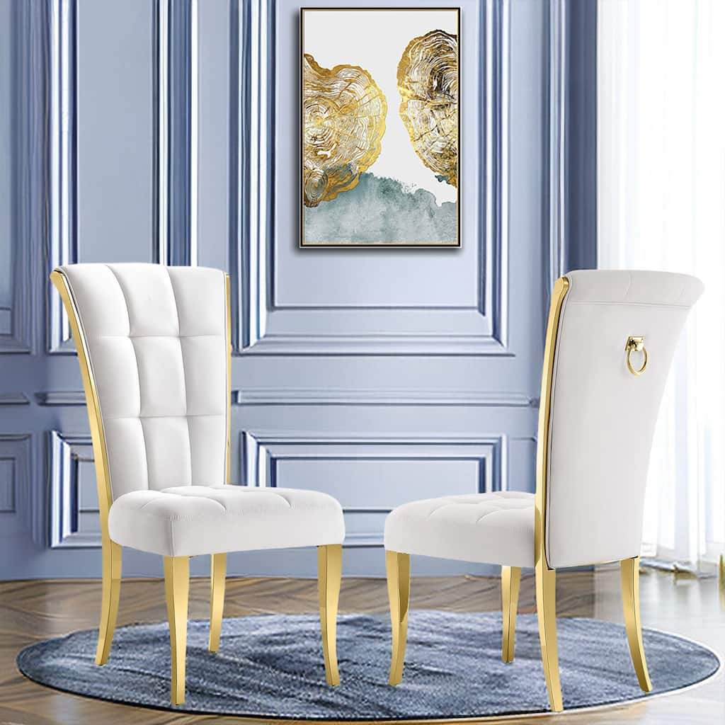 Luxury White Velvet Dining Chairs with Pull Ring on Back and Polished Gold Legs