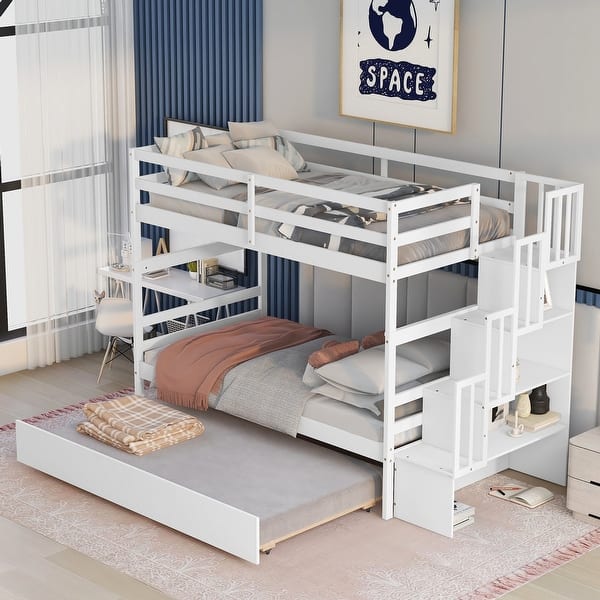 slide 2 of 14, Modern & Clean Design Twin over Twin Bunk Beds With Twin Trundle and Stairway Storage Function Grey