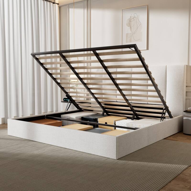 Modern Upholstered Lift-Up Storage Platform Bed with Headboard