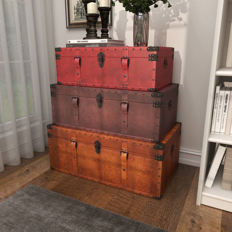 Brown Wood Nesting Upholstered Decorative Trunk with Vintage Accents and Studs (Set of 3)
