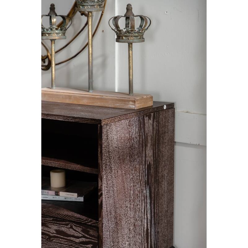 Roomfitters Modern Solid Wood Sideboard Cabinet, Geometric Pattern Storage Console with 2 Doors and Open Shelves, Natural