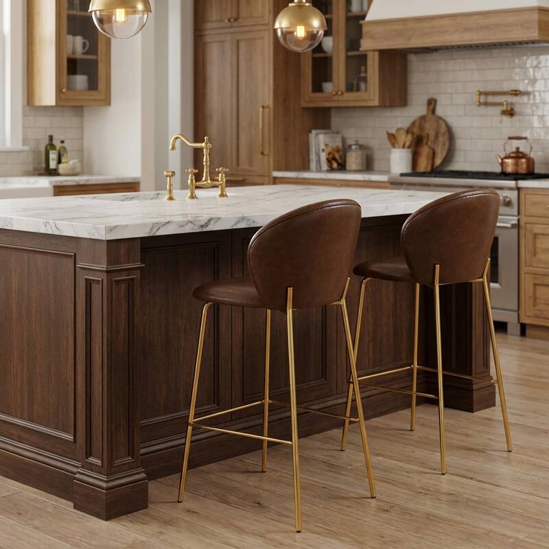 Roomfitters Kira Indoor Upholstered Bar Stools with Gold Plated Metal Legs, Fabric Set of 2 - Set of 2 - Dark Brown,Gold
