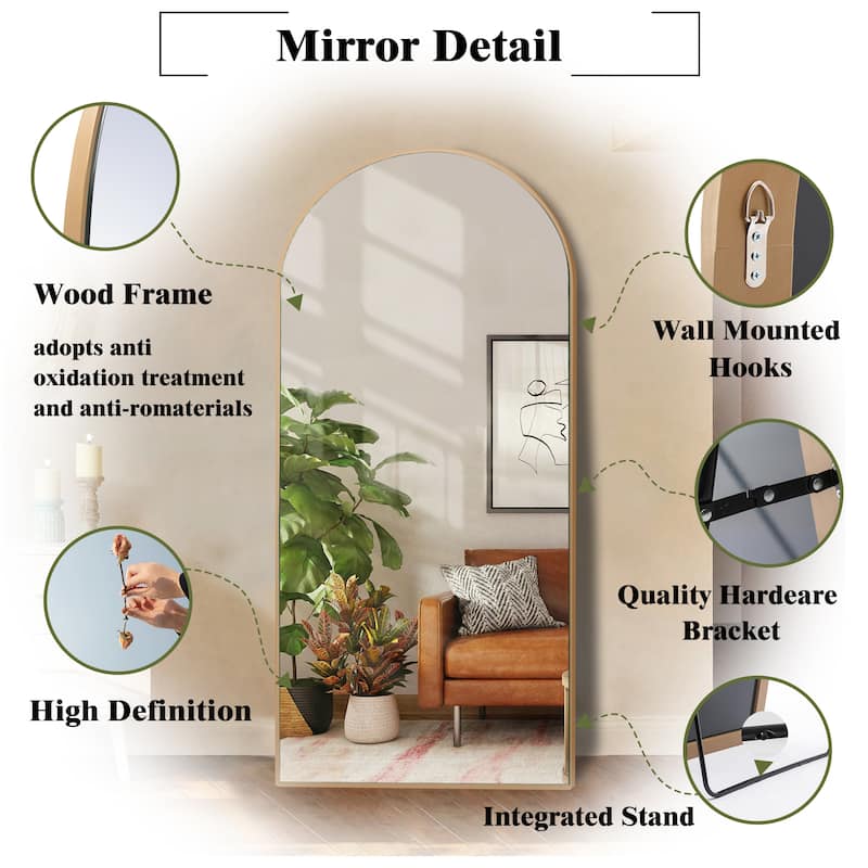 Modern Glam Arched-Top Full Length Floor Mirror Wood Frame with Stand ...