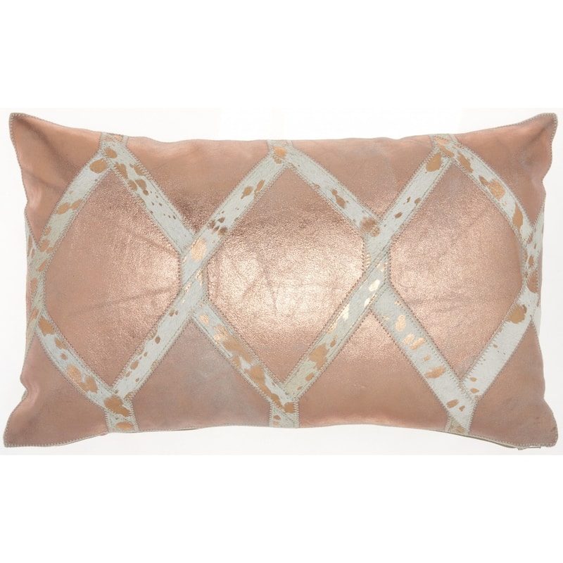 HomeRoots 12" X 20" Rose Gold and White Metallic and Cowhide Throw Pillow - Accent - 12 " W x 5 " H x 20 " D - Cotton - White