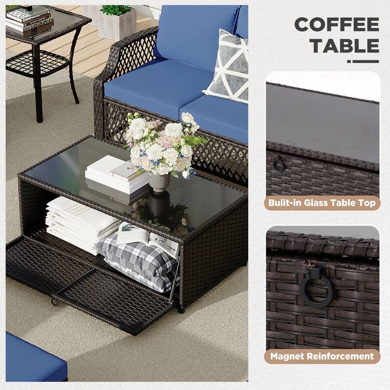 Outdoor Wicker Patio Set w Swivel Chairs & Sofa, Ottomans and Tables, Modular 3/5/6/7-Piece, All-Weather Conversation Set.