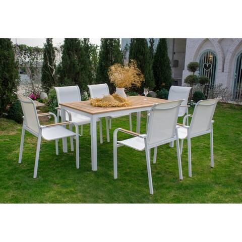 7-Pieces Outdoor Dining Set, Luxury Faux Wood Tabletop & Arm-rest
