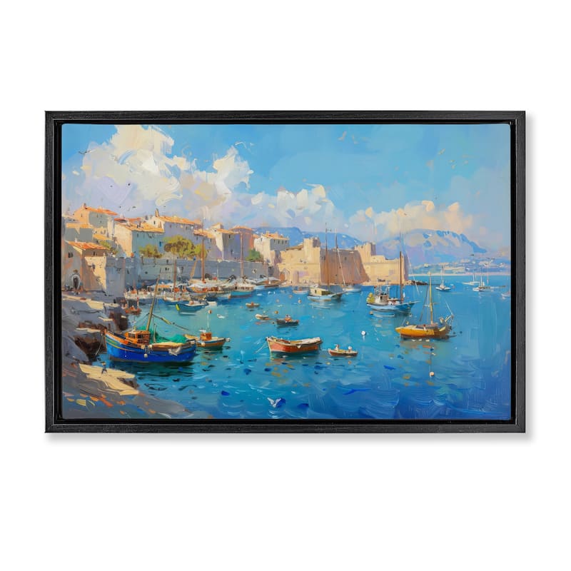 Stupell Nautical Harbor Coastal Town Framed Floater Canvas Wall Art Design By LSR Design Studio - 31 x 21 - Black