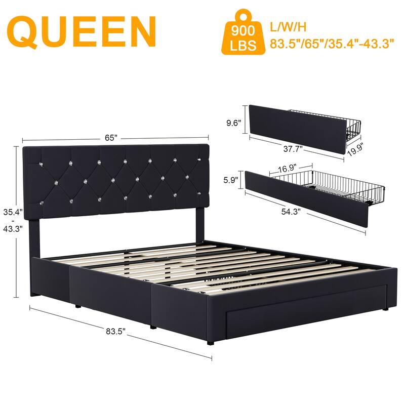 VECELO Bed Frame with Storage Drawers, Leather Upholstered with Diamond Tufted Headboard, Solid Wood Slat Support