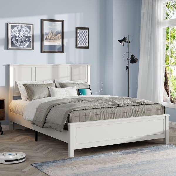 Antique White Queen Size Platform Bed with Wood Headboard and LED Lights