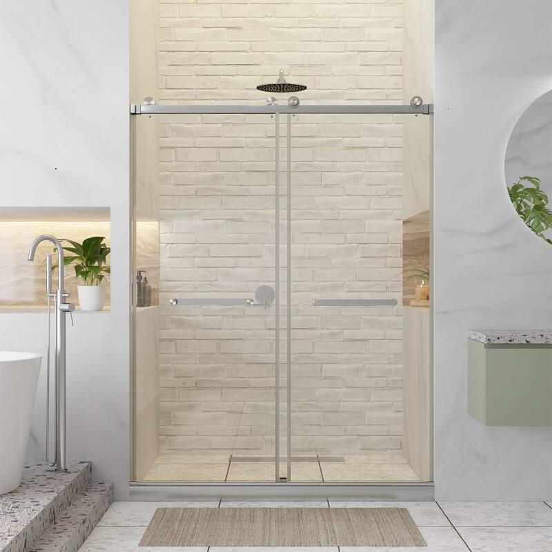 Fine Fixtures Frameless Clear Sliding Bathroom Shower Door - 60" x 80" - Double - Satin Nickel