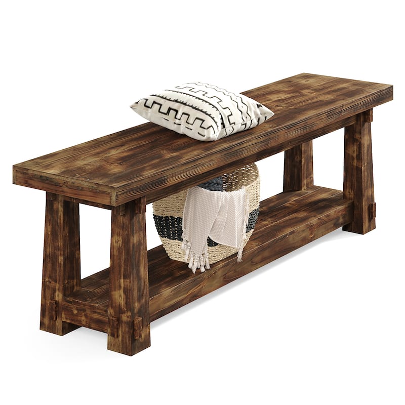 55" Solid Wood Entryway Bench with Shoe Storage, Charred Wood Grain