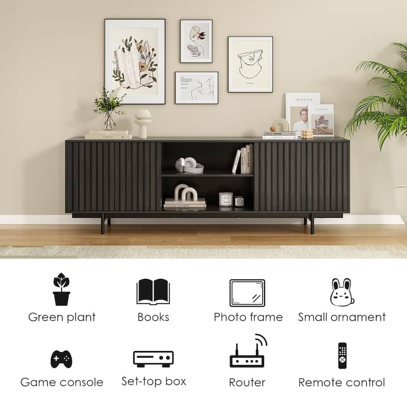 Mid Century Modern TV Stand for TVs Up to 75", Farmhouse Fluted TV Stand, Retro Wood TV Stand with Storage and Shelf