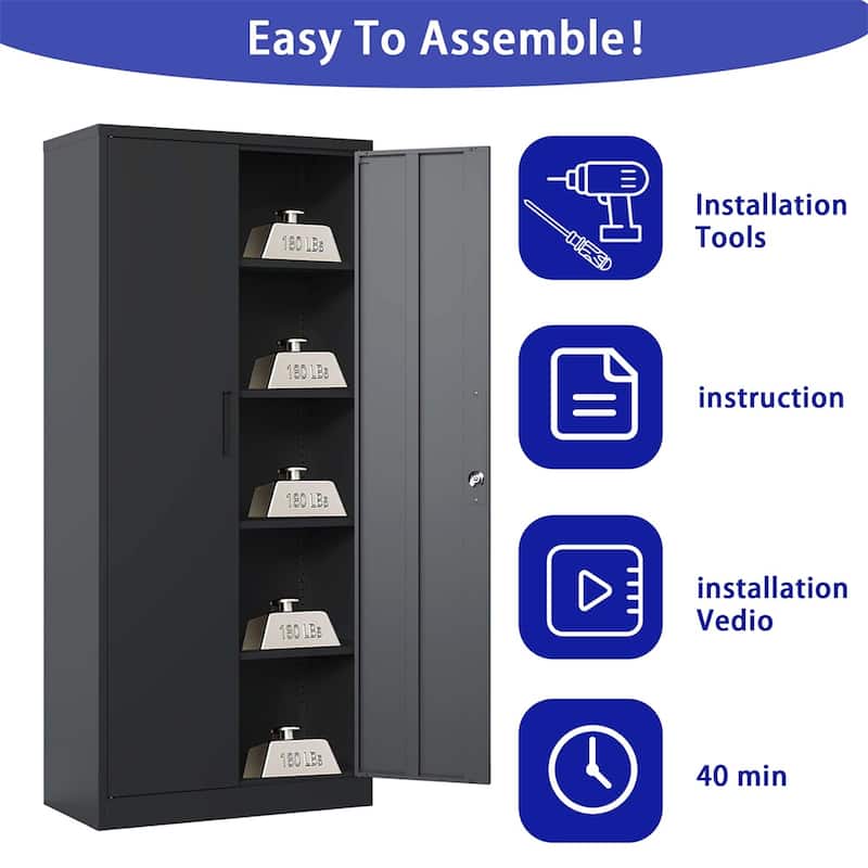 71"H Metal Lockable Storage Cabinet with Doors and 4 Shelves