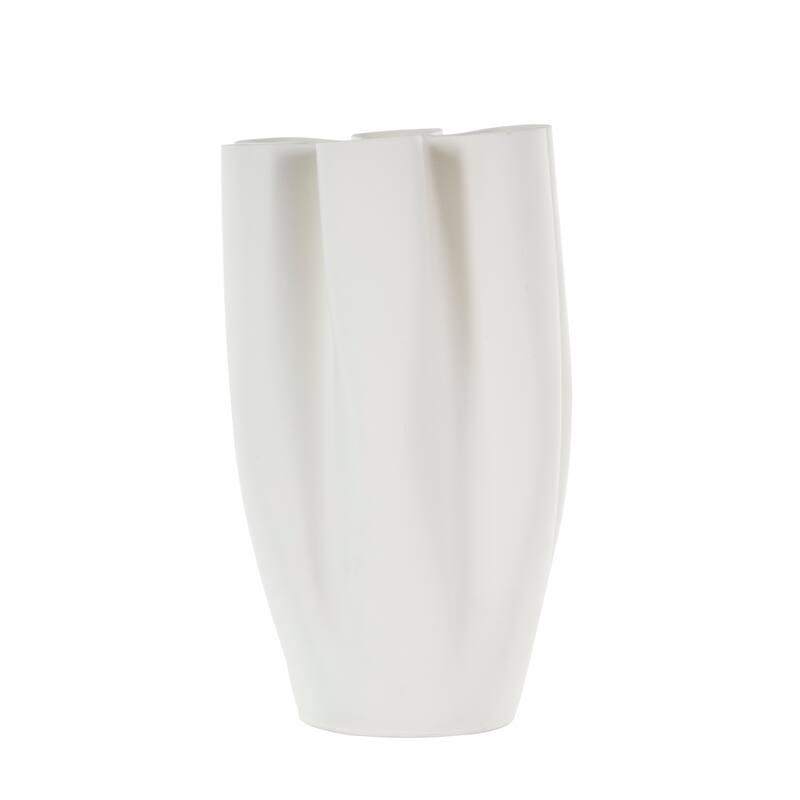 White Ceramic Ribbed Dimensional Folded Abstract Decorative Vase with Floral Shaped Rim